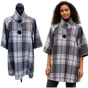 Luii Wool Blend Plaid Swing Coat Large Gray Checkered Modern Minimalist Chic